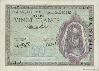 Tunisia 20 Francs, 1945 image