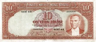 Turkey 10 Lira, 1938 obverse