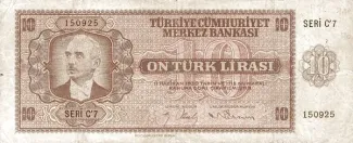 Turkey 10 Lira, 1942 obverse