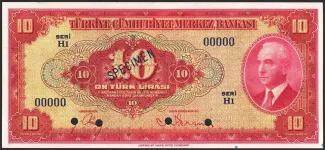 Turkey 10 Lira, 1947 obverse