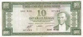 Turkey 10 Lira, 1953 obverse