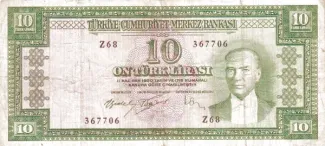 Turkey 10 Lira, 1961 obverse