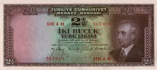 Turkey 2 Lira, 1947 obverse