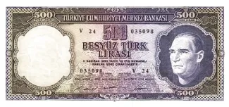 Turkey 500 Lira, 1968 obverse