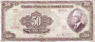 Turkey 50 Lira, 1942 obverse