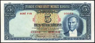Turkey 5 Lira, 1937 obverse