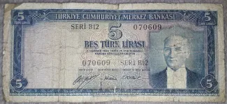 Turkey 5 Lira, 1952 obverse