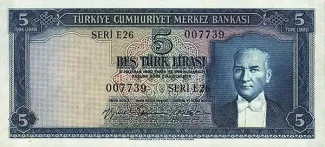 Turkey 5 Lira, 1959 obverse