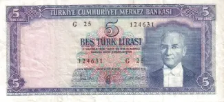 Turkey 5 Lira, 1961 obverse