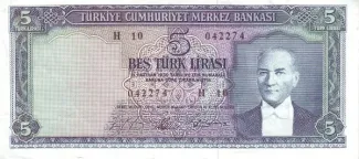 Turkey 5 Lira, 1965 obverse