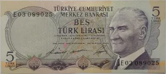 Turkey 5 Lira, 1968 obverse