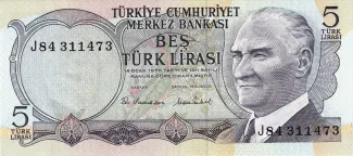 Turkey 5 Lira, 1976 obverse