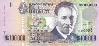 Uruguay 100.000 Nuevos Pesos, 1991 obverse