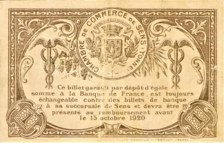 Yonne, Department of 1 Franc, 1916 reverse
