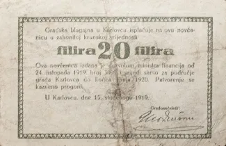 Yugoslavia Notgeld 20 Filira, 1919 reverse