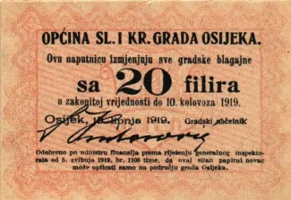 Yugoslavia Notgeld 20 Filira, 1919 obverse