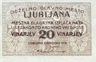 Yugoslavia Notgeld 20 Vinarjev, 1919 obverse