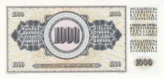 Yugoslavia 1.000 Dinara, 1974-1981 reverse
