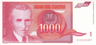 Yugoslavia 1.000 Dinara, 1992 obverse