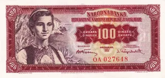 Yugoslavia 100 Dinara, 1955 obverse