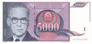 Yugoslavia 5.000 Dinara, 1991 obverse