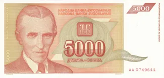 Yugoslavia 5.000 Dinara, 1993 obverse