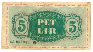 Yugoslavia 5 Lir, 1944 reverse